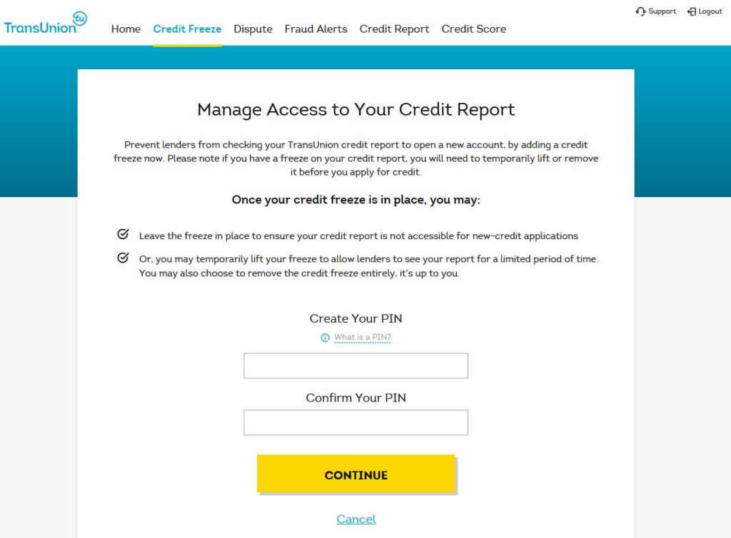 TransUnion account credit freeze step to create and confirm a PIN number, for using via phone or mail