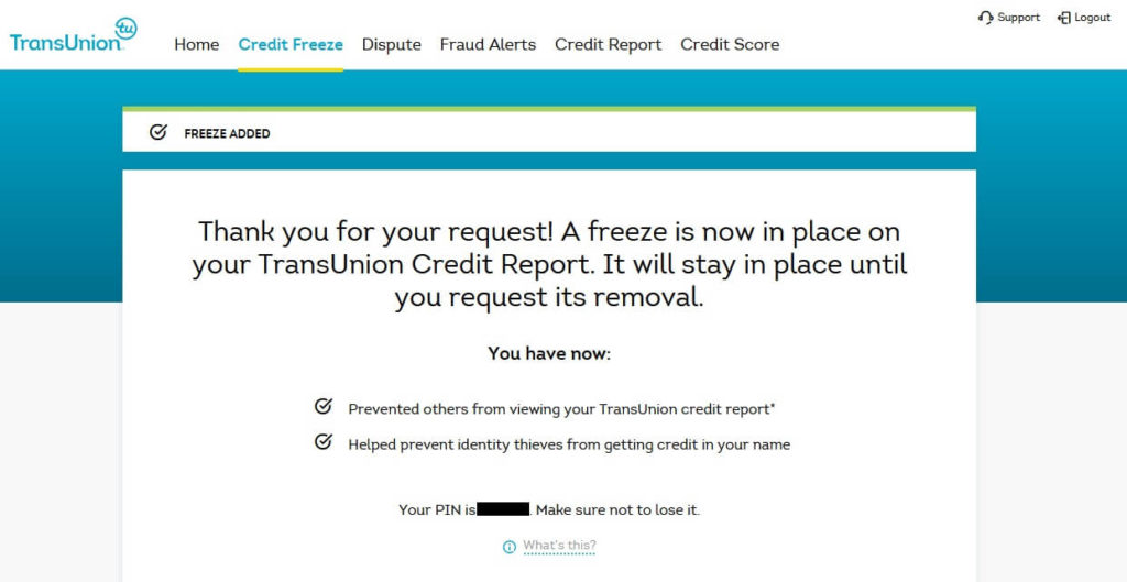 TransUnion account credit freeze confirmation page, including showing PIN number for you to write down