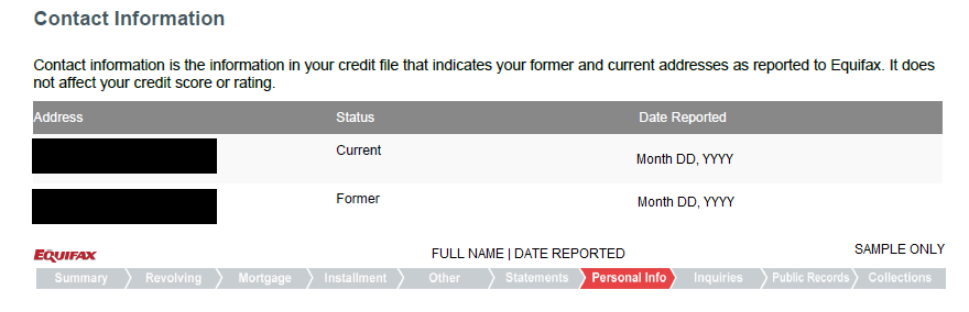 Equifax credit report contact information section to fix Equifax not working