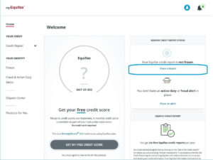 myEquifax website account screen, highlighting the "Place a freeze" link to freeze your credit at the Equifax credit bureau