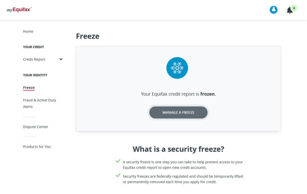 myEquifax website "Manage a freeze" button step to unfreeze your credit at the Equifax credit bureau