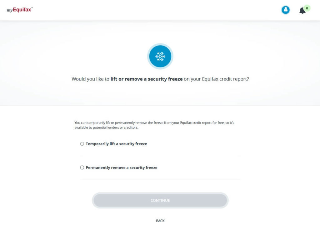 myEquifax website unfreeze permanent or temporary options to unfreeze your Equifax credit report