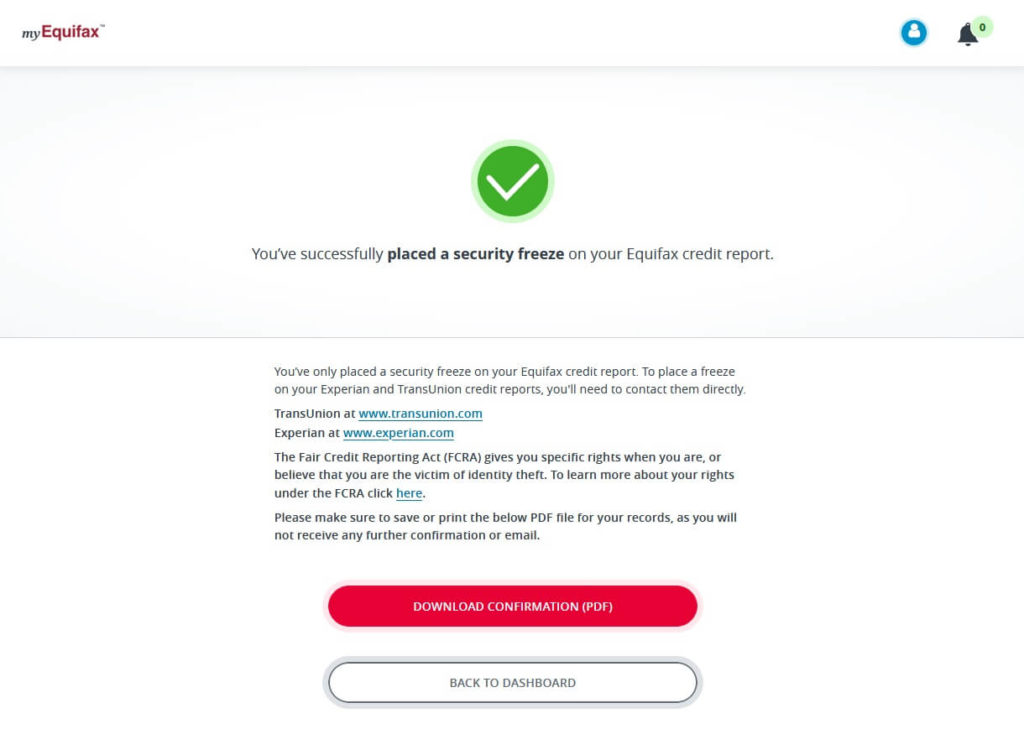 myEquifax website confirmation page of your security freeze, including PDF documentation download