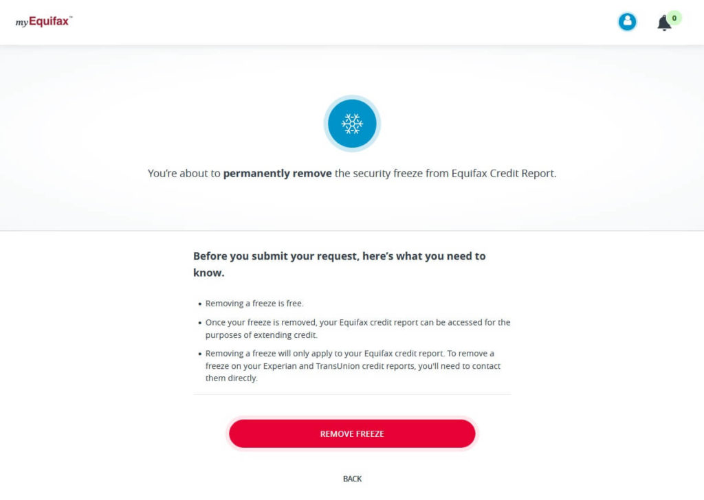 myEquifax website unfreeze permanent review step to unfreeze your Equifax credit report