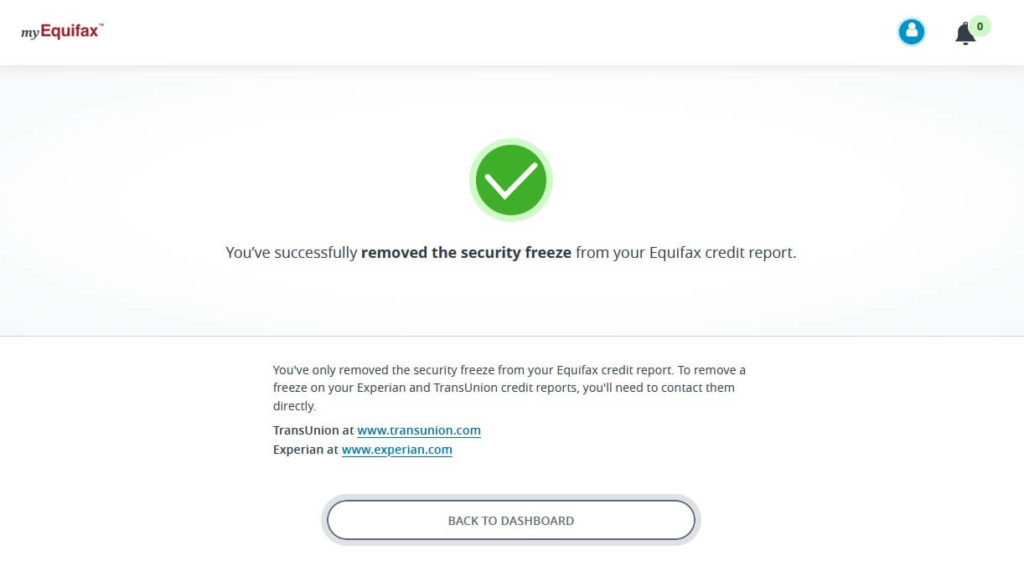 myEquifax website unfreeze confirmation page for permanently unfrozen credit