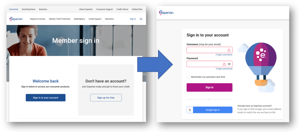 Experian website login page, consumer portal to freeze your credit at the Experian credit bureau