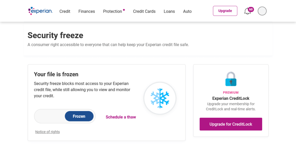 Experian website Security Freeze page, showing toggle to unfreeze your credit at Experian
