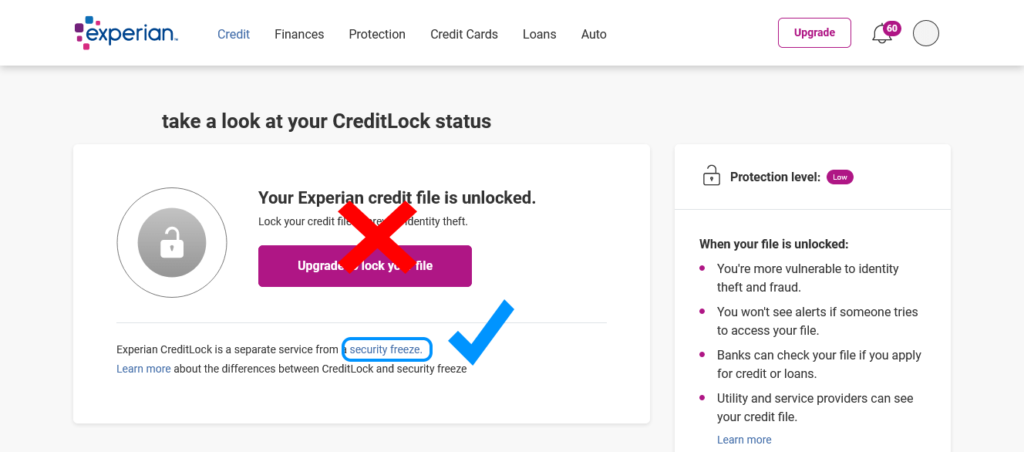 Experian Protection screen, ignoring CreditLock and highlighting "security freeze" link to freeze your credit at Experian						