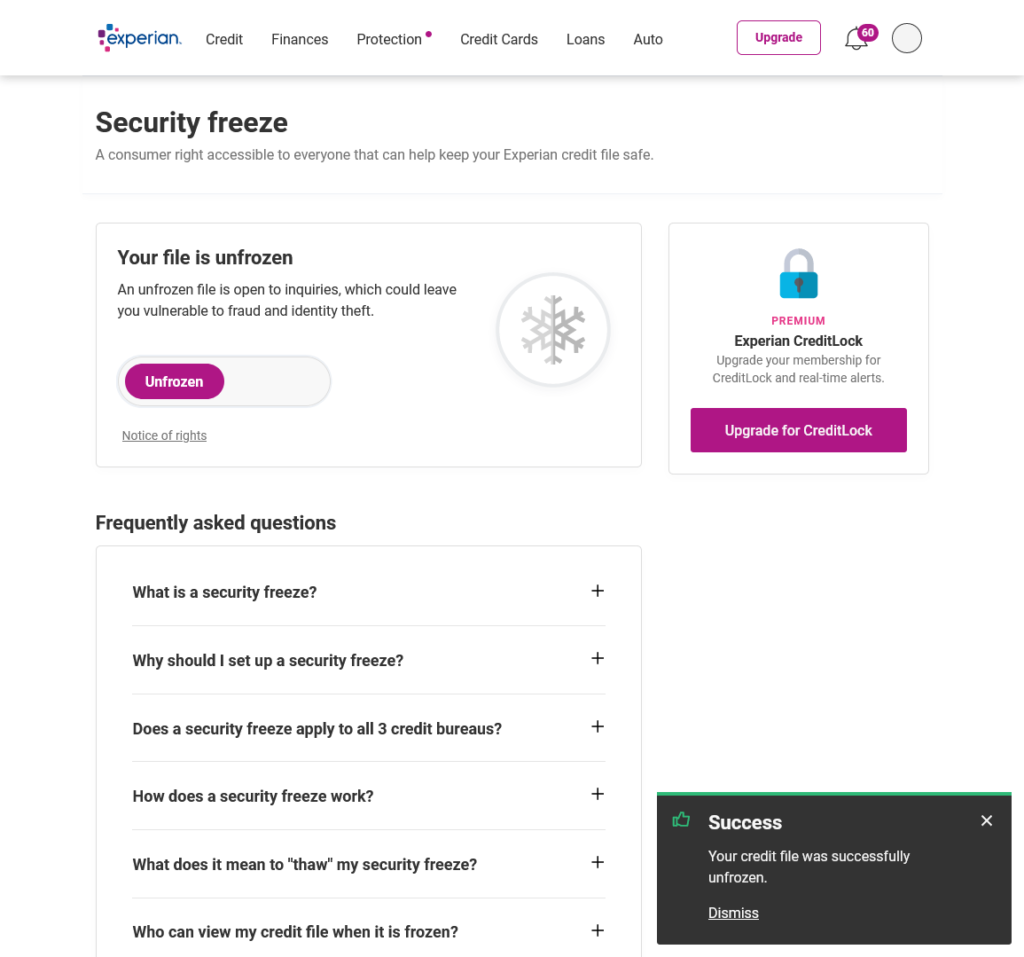 Experian website Security Freeze page, showing toggle to freeze and unfreeze credit at Experian and unfrozen confirmation box