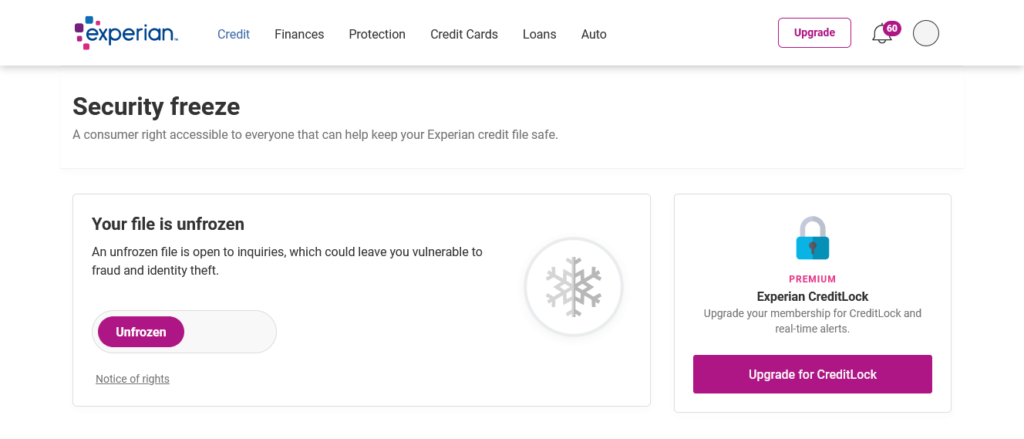 Experian website Security Freeze page, showing toggle to freeze your credit at Experian