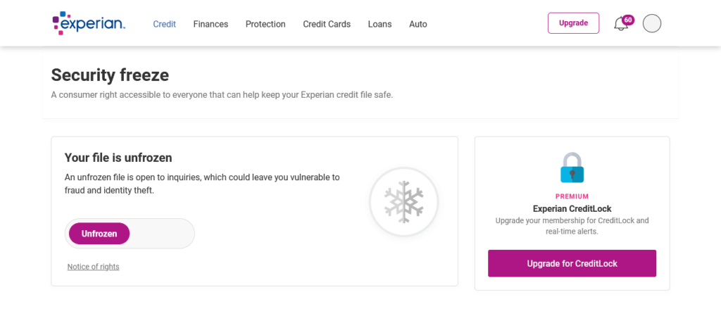 Experian CreditWorks Security Freeze page, showing toggle to freeze your credit at Experian