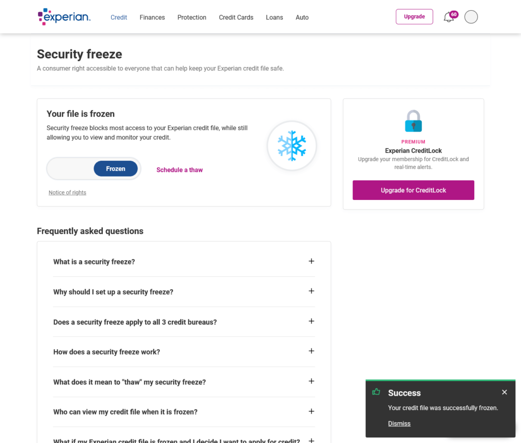Experian website Security Freeze page, showing toggle to freeze and unfreeze credit at Experian and frozen confirmation box