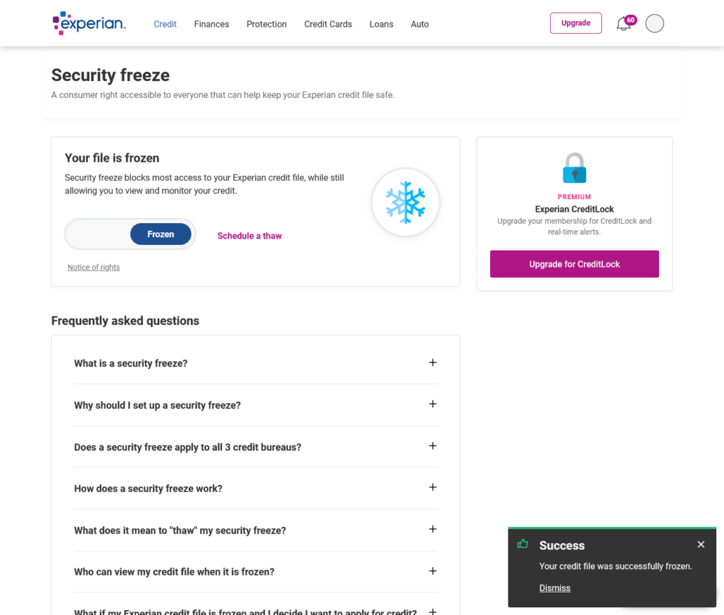 Experian CreditWorks Security Freeze page, showing toggle to freeze and unfreeze credit at Experian and frozen confirmation box