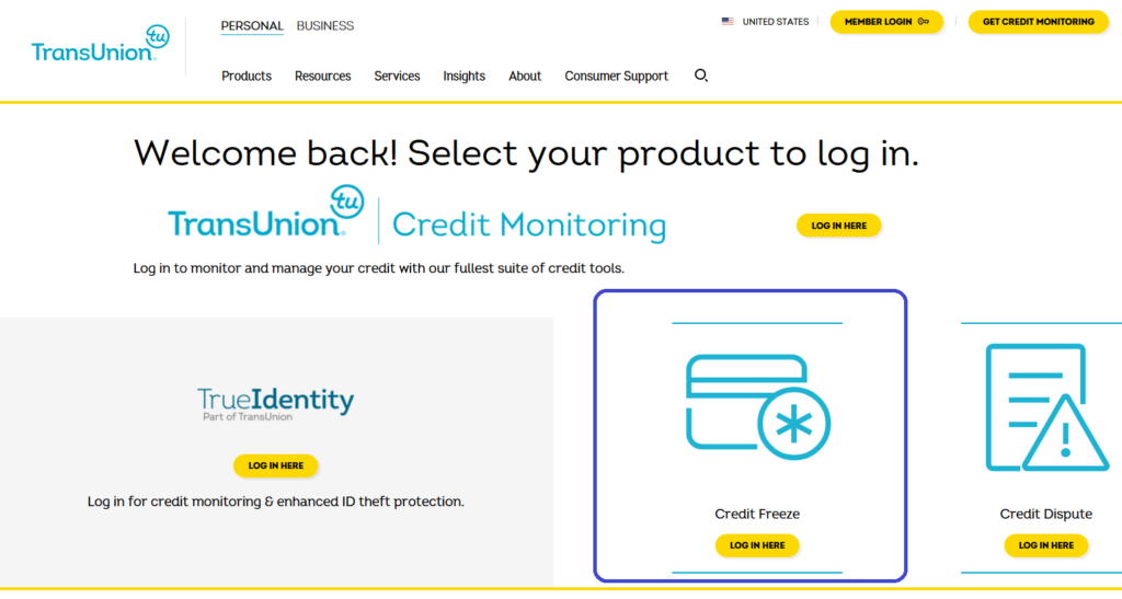 TransUnion website account types login page, highlighting the credit freeze account to freeze your credit at TransUnion