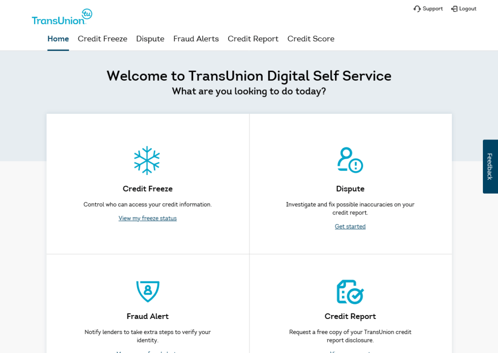 TransUnion account home screen, showing a link to "View my freeze status"