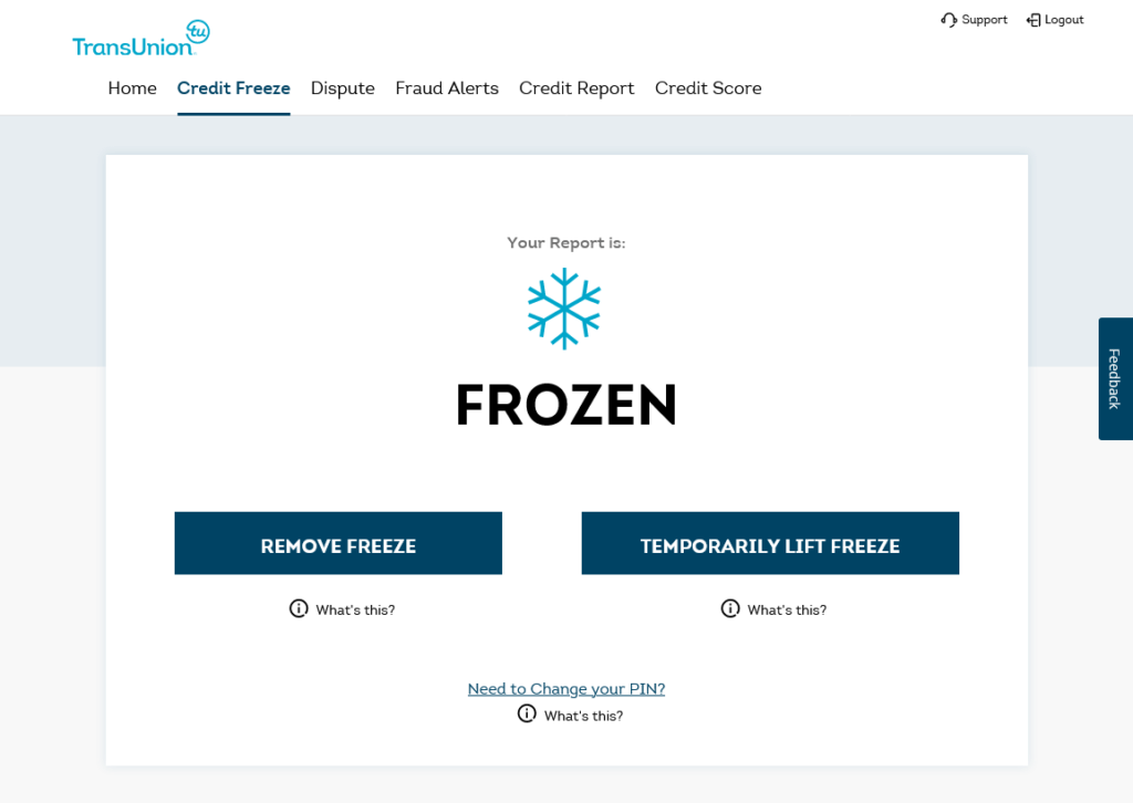 TransUnion account "Remove Freeze" button, showing a blue button to remove a security freeze and one to temporarily lift one