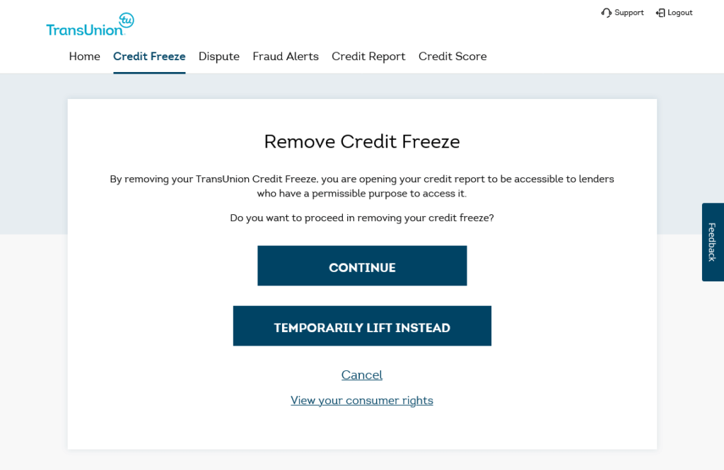 TransUnion account permanent or temporary security lift option page, showing a blue button options