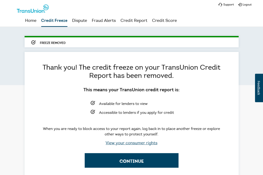 TransUnion account credit unfreeze confirmation page, confirming that your credit file at TransUnion is unfrozen