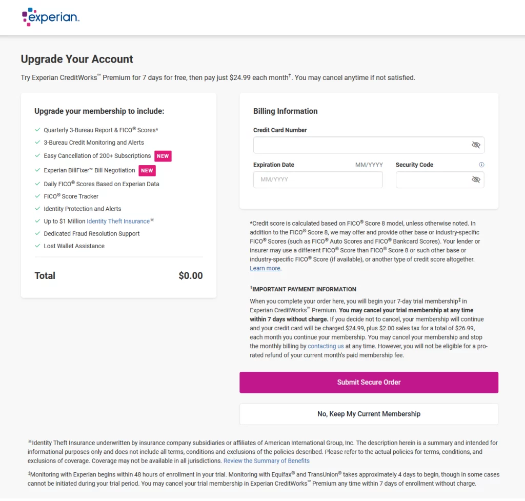 Experian CreditWorks upsell page, shady attempt to upsell you to services you do not need for freezing and unfreezing your credit