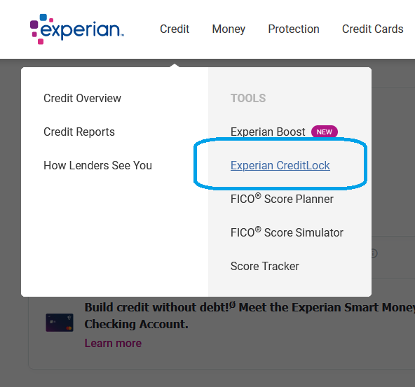 Experian CreditWorks menu navigation screen, highlighting the "Experian CreditLock" link as a step to freeze your credit at the Experian credit bureau