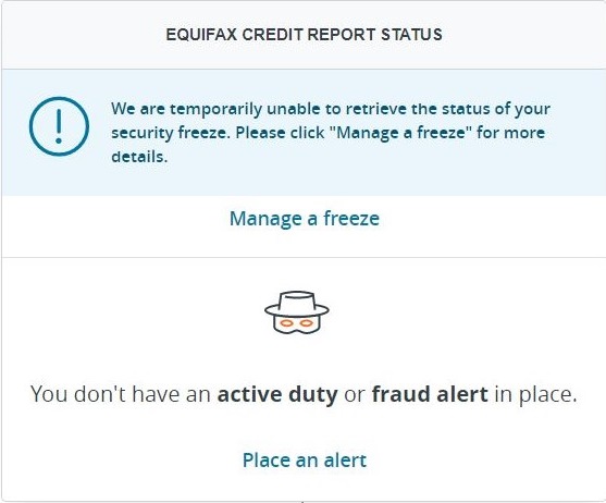 Equifax we are temporarily unable to obtain the status of your security freeze. Please try again later error message on myEquifax
