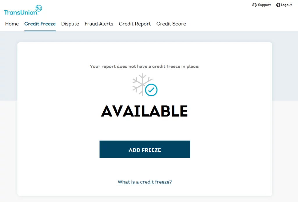 TransUnion Online Service Center blue Add Freeze button, and what is a credit freeze link