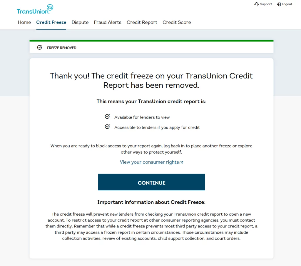 TransUnion Online Service Center credit unfreeze confirmation page, confirming that your credit file at TransUnion is unfrozen